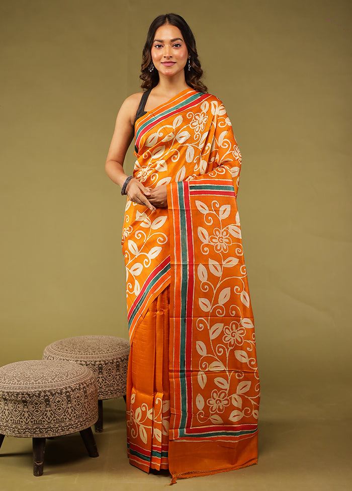 Orange Printed Pure Silk Saree With Blouse Piece