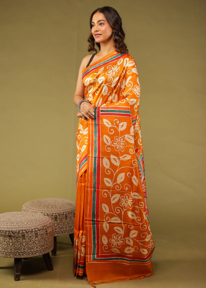Orange Printed Pure Silk Saree Without Blouse Piece