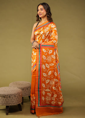 Orange Printed Pure Silk Saree Without Blouse Piece