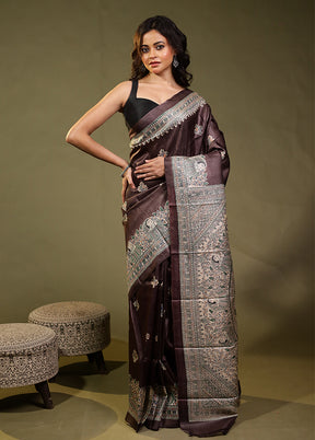 Brown Handloom Tussar Pure Silk Saree With Blouse Piece