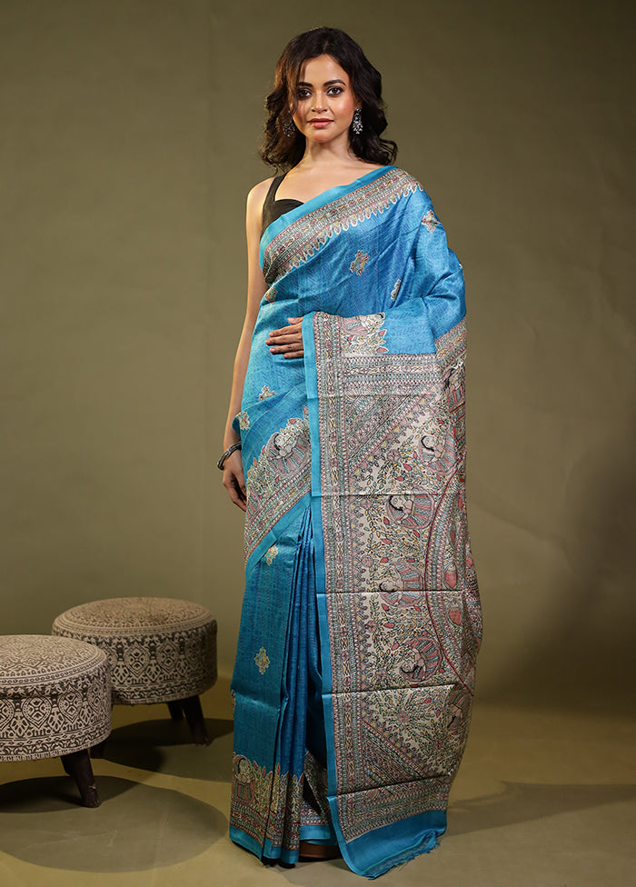 Blue Handloom Tussar Pure Silk Saree With Blouse Piece
