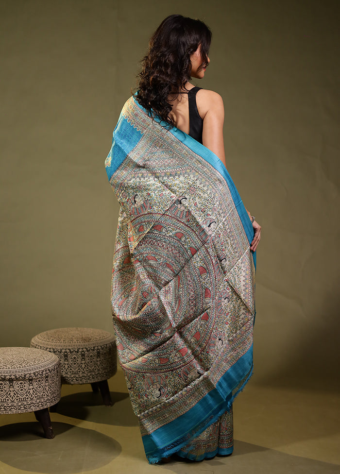 Blue Handloom Tussar Pure Silk Saree With Blouse Piece