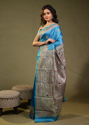 Blue Handloom Tussar Pure Silk Saree With Blouse Piece