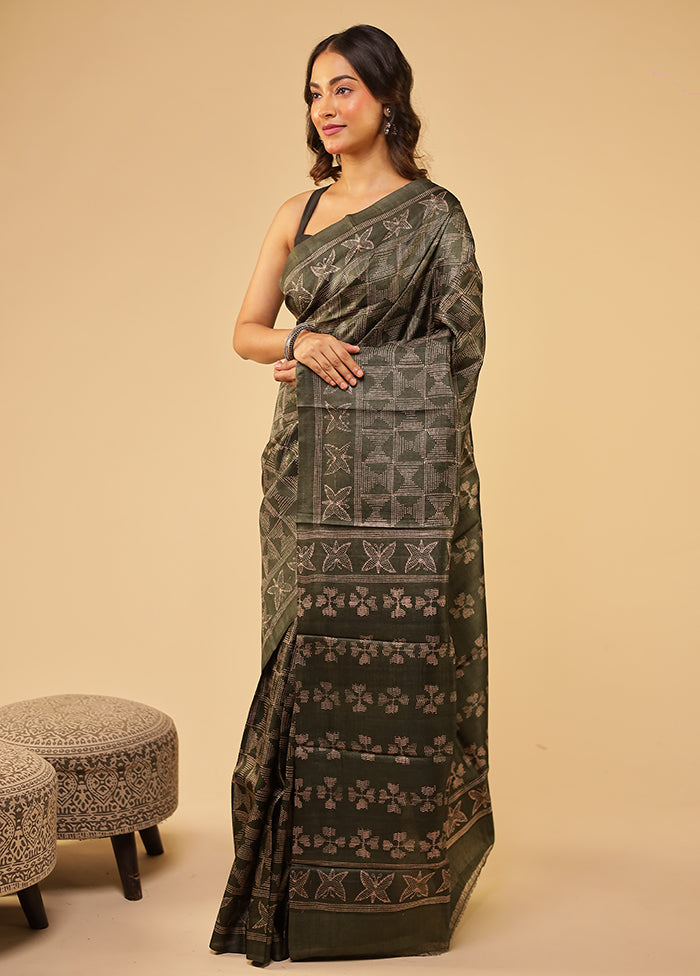 Black Handloom Tussar Pure Silk Saree With Blouse Piece