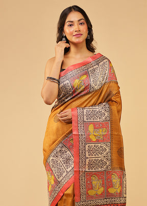 Rust Handloom Tussar Pure Silk Saree With Blouse Piece