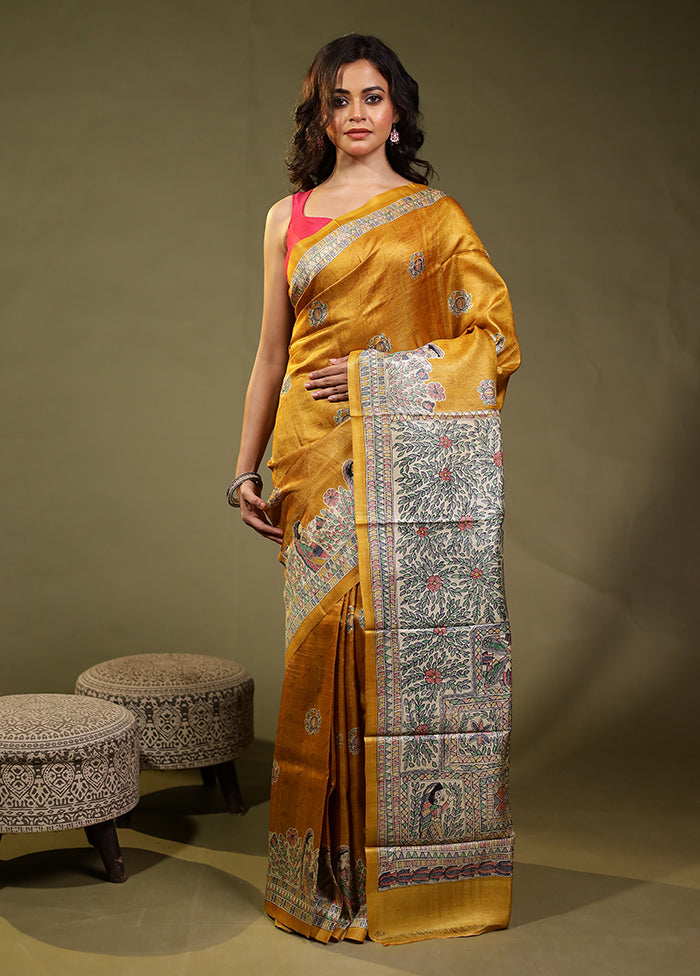 Yellow Handloom Tussar Pure Silk Saree With Blouse Piece