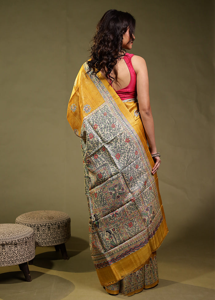 Yellow Handloom Tussar Pure Silk Saree With Blouse Piece