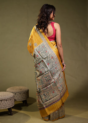 Yellow Handloom Tussar Pure Silk Saree With Blouse Piece
