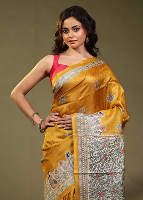 Yellow Handloom Tussar Pure Silk Saree With Blouse Piece