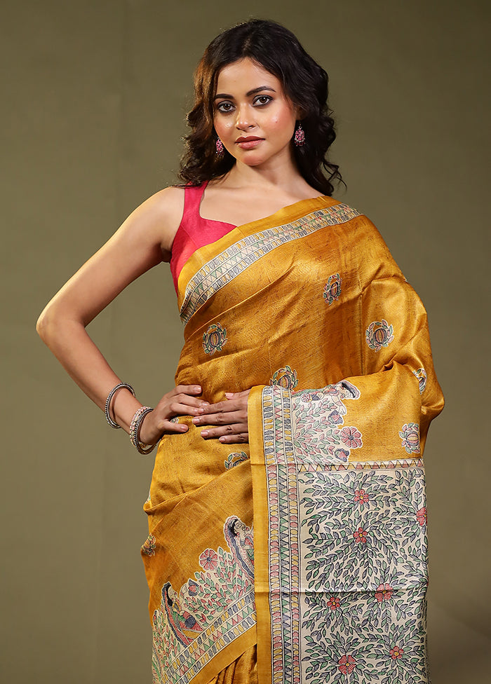 Yellow Handloom Tussar Pure Silk Saree With Blouse Piece