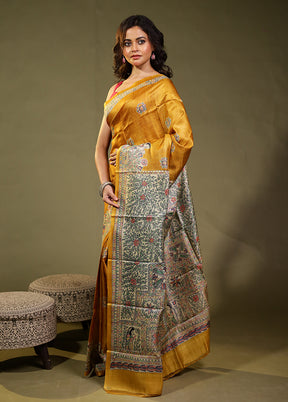 Yellow Handloom Tussar Pure Silk Saree With Blouse Piece
