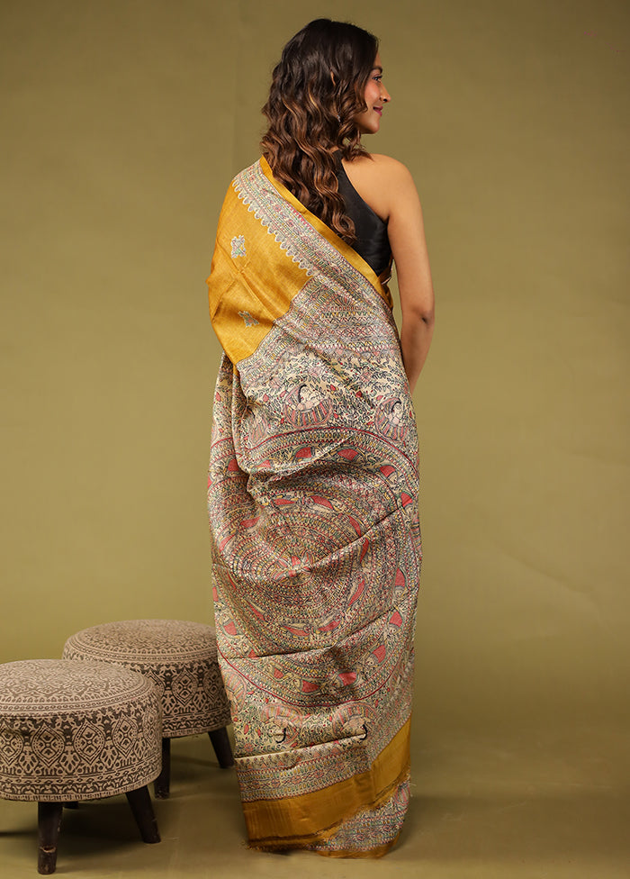 Yellow Handloom Tussar Pure Silk Saree With Blouse Piece