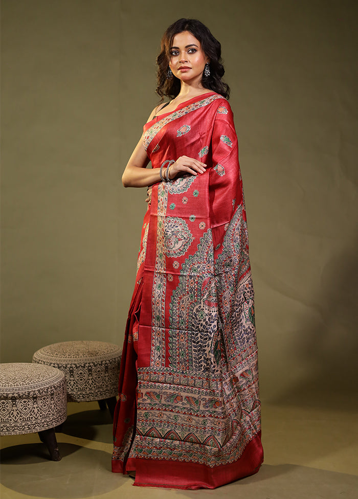Red Handloom Tussar Pure Silk Saree With Blouse Piece