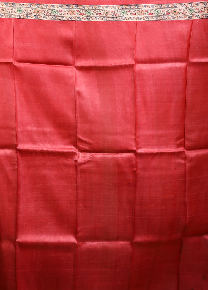 Red Handloom Tussar Pure Silk Saree With Blouse Piece