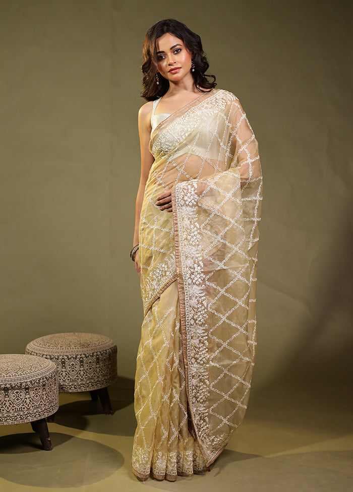 Cream Organza Saree With Blouse Piece