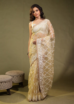 Cream Organza Saree With Blouse Piece