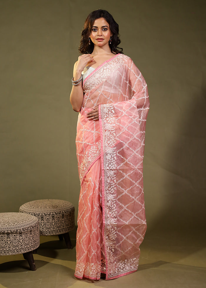 Pink Organza Saree With Blouse Piece