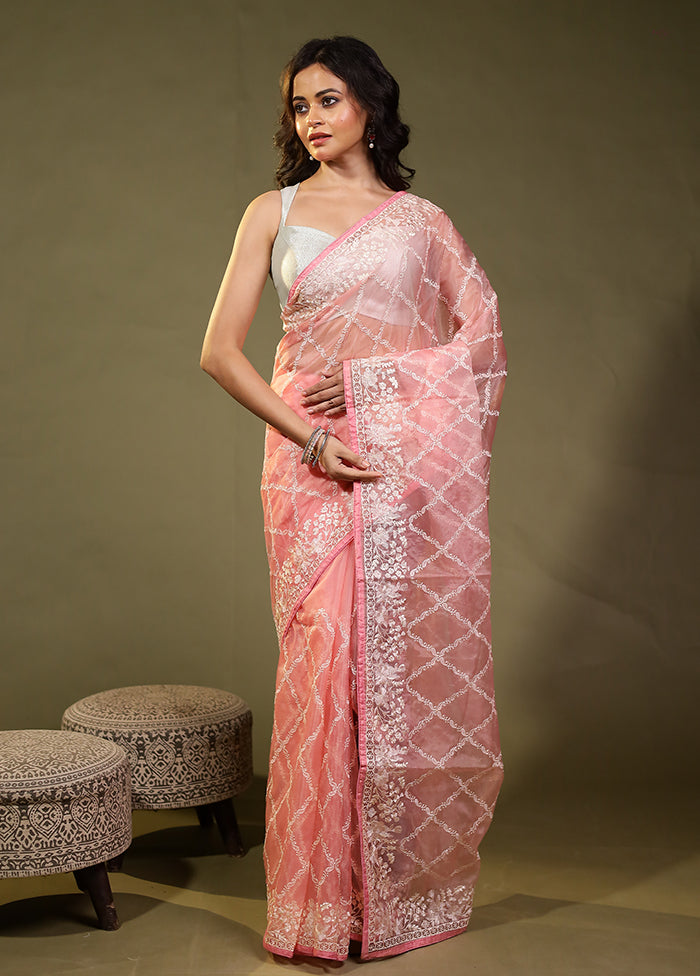 Pink Organza Saree With Blouse Piece