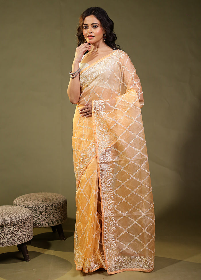 Orange Organza Saree With Blouse Piece