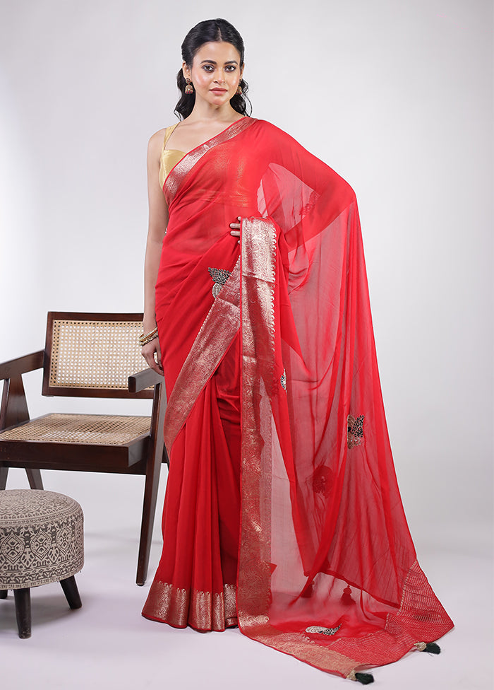 Red Georgette Saree With Blouse Piece