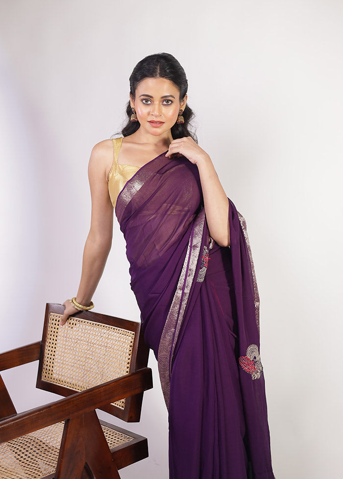 Purple Georgette Saree With Blouse Piece
