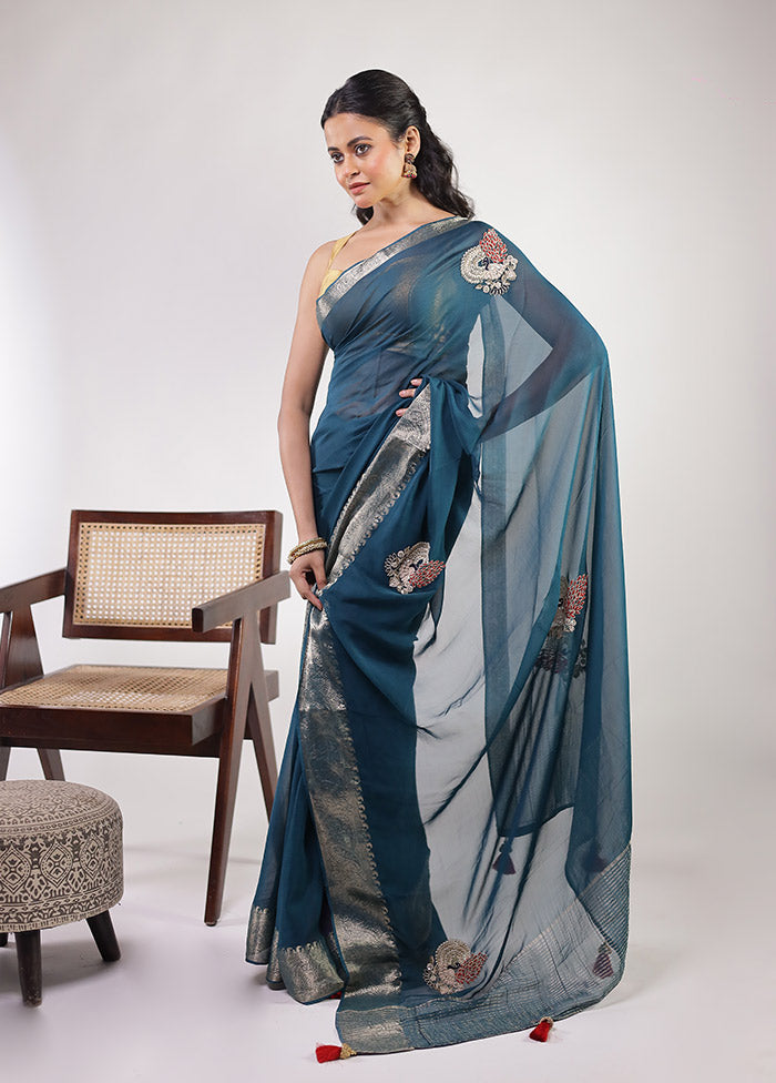 Green Georgette Saree With Blouse Piece