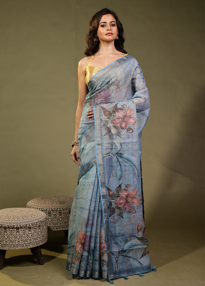 Green Linen Silk Saree With Blouse Piece