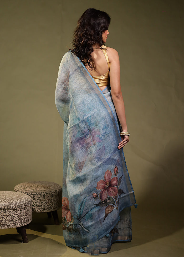 Green Linen Silk Saree With Blouse Piece