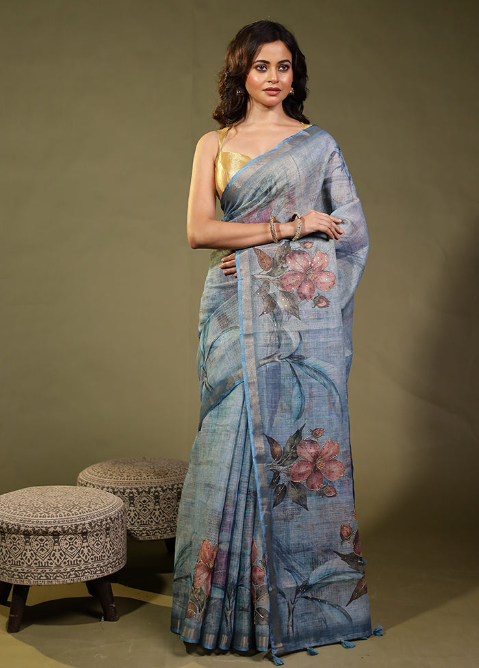 Green Linen Silk Saree With Blouse Piece