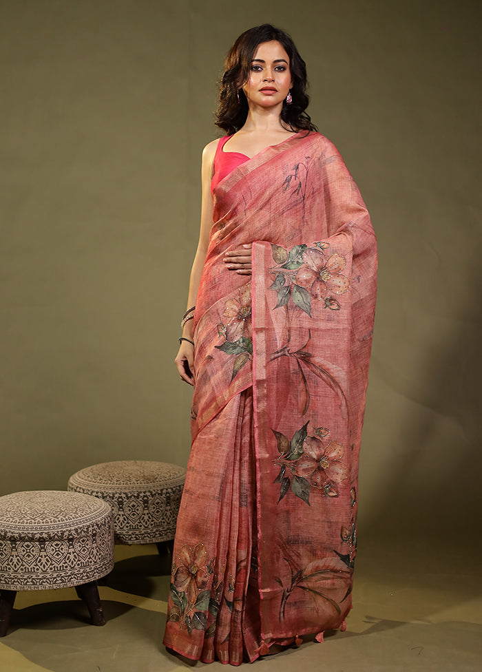 Pink Linen Silk Saree With Blouse Piece