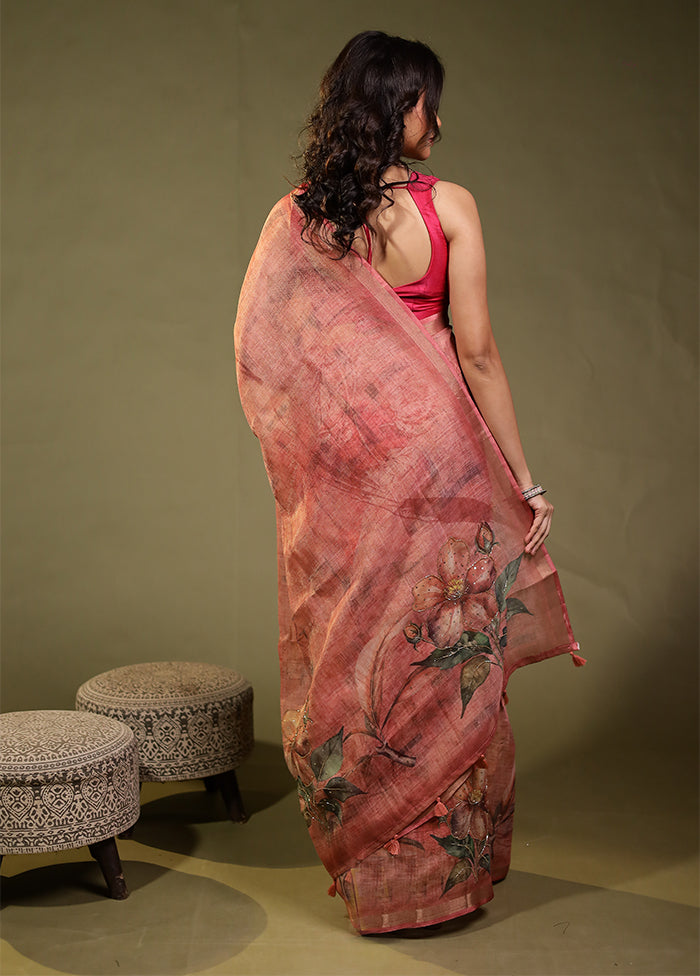 Pink Linen Silk Saree With Blouse Piece
