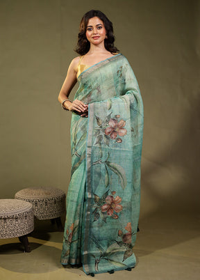 Green Linen Silk Saree With Blouse Piece