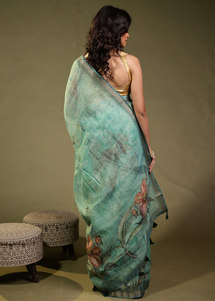 Green Linen Silk Saree With Blouse Piece