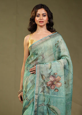 Green Linen Silk Saree With Blouse Piece