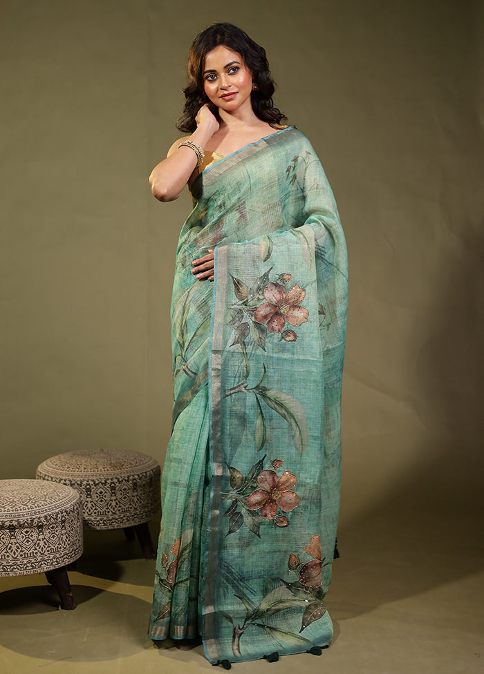Green Linen Silk Saree With Blouse Piece