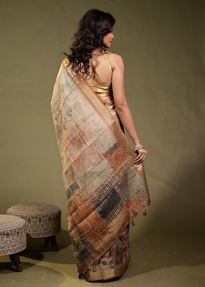 Cream Linen Silk Saree With Blouse Piece