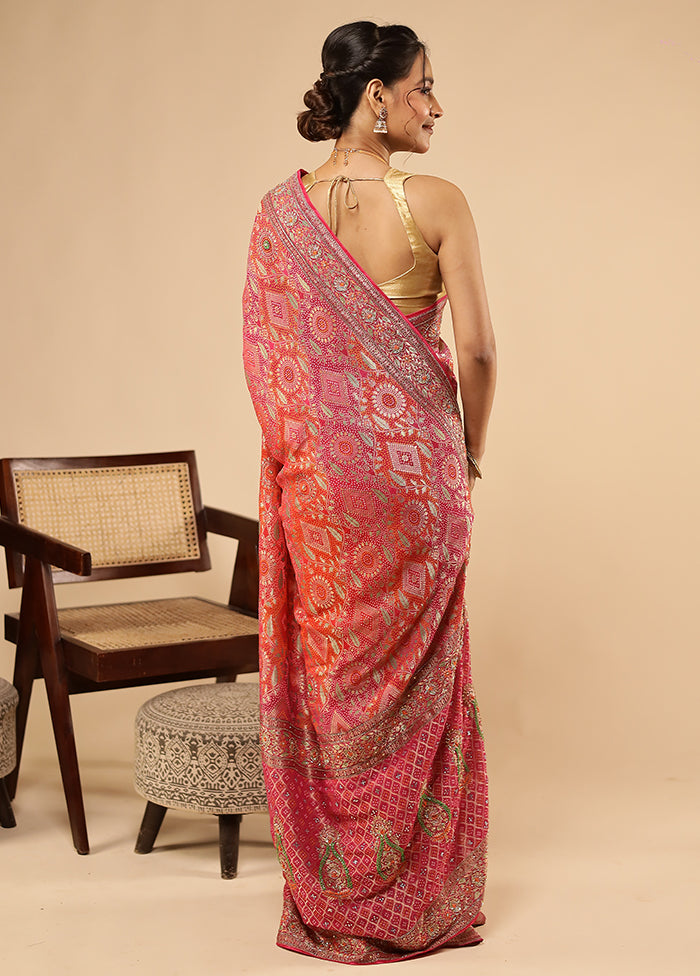 Pink Handloom Pure Georgette Saree With Blouse Piece