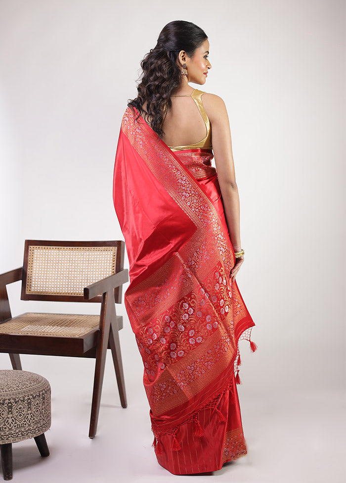 Red Dupion Silk Saree With Blouse Piece