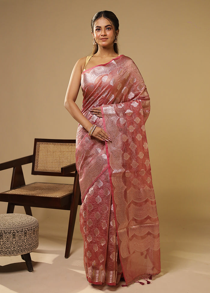 Peach Tissue Silk Saree With Blouse Piece