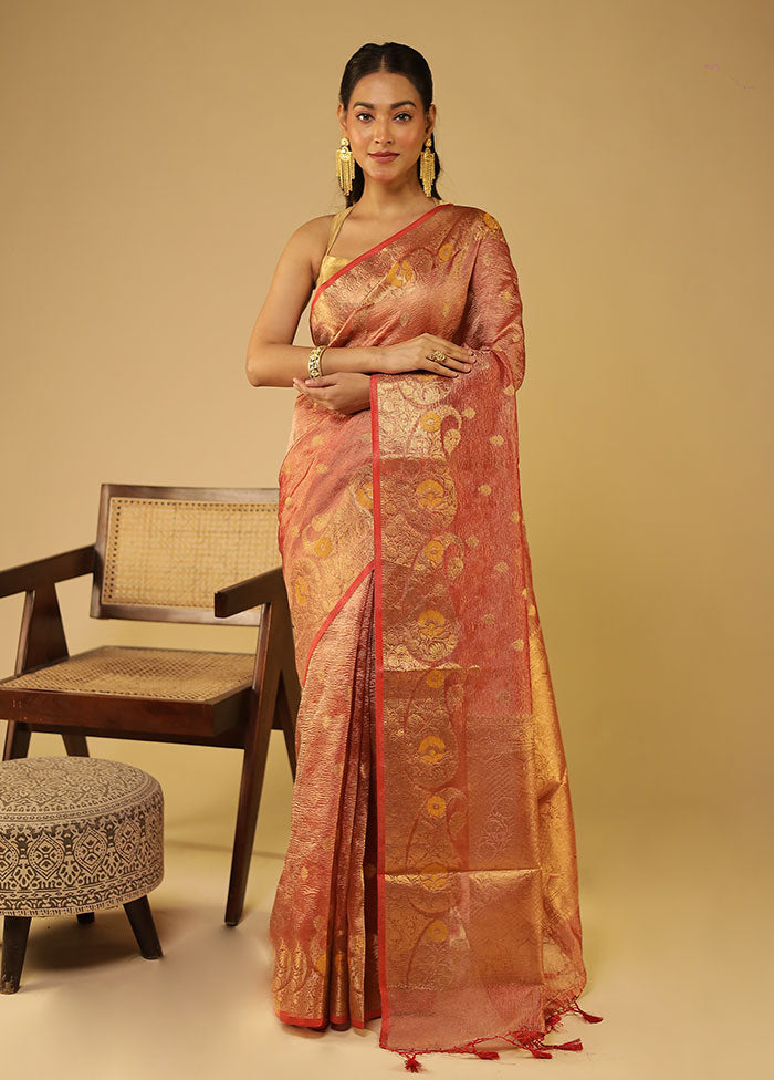 Peach Tissue Silk Saree With Blouse Piece