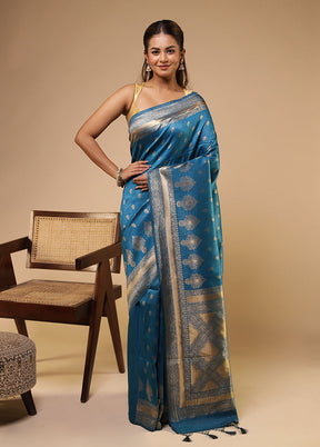Blue Dupion Silk Saree With Blouse Piece