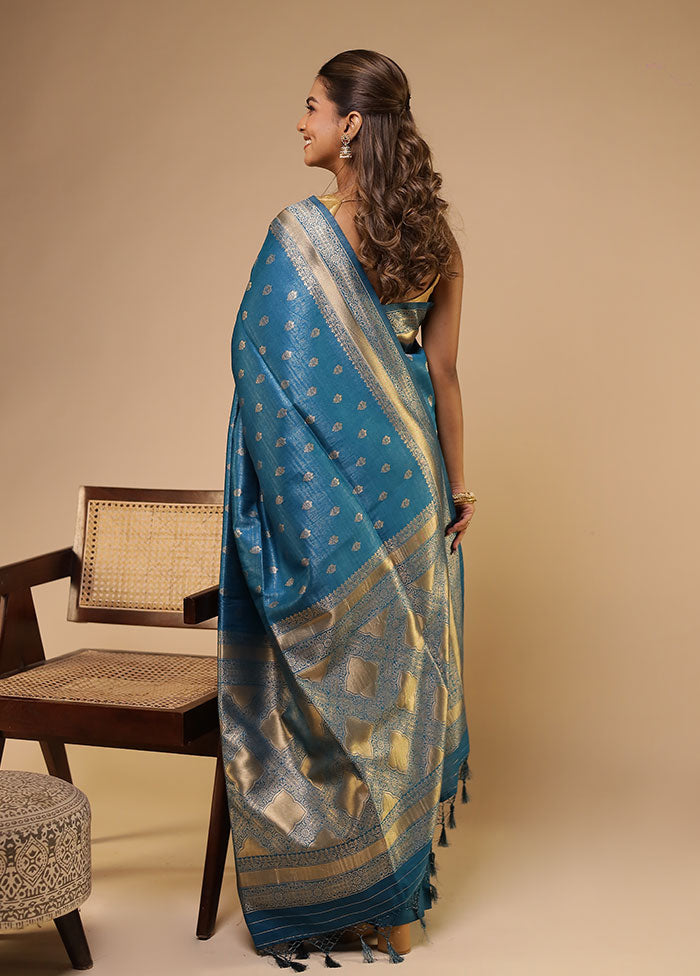 Blue Dupion Silk Saree With Blouse Piece