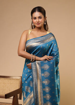 Blue Dupion Silk Saree With Blouse Piece