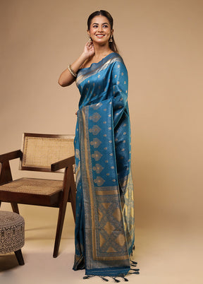 Blue Dupion Silk Saree With Blouse Piece