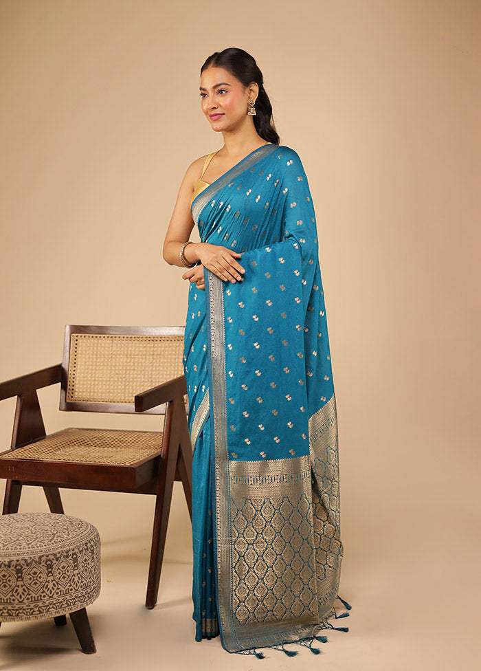 Blue Dupion Silk Saree With Blouse Piece