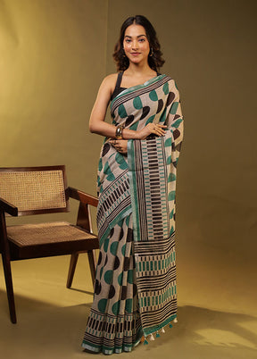 Cream Linen Silk Saree With Blouse Piece