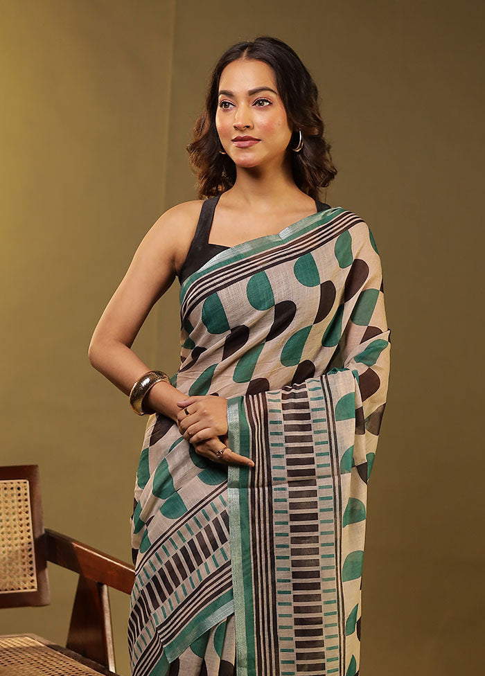 Cream Linen Silk Saree With Blouse Piece