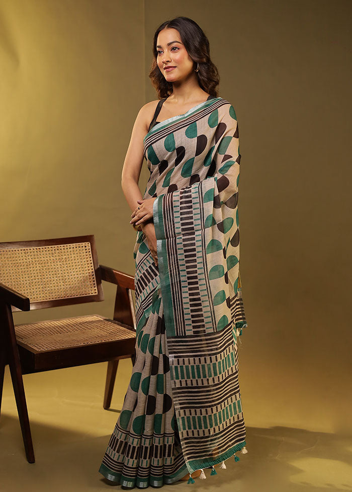 Cream Linen Silk Saree With Blouse Piece