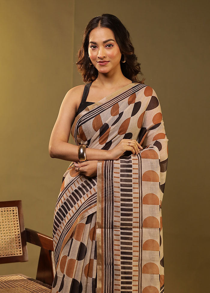 Cream Linen Silk Saree With Blouse Piece