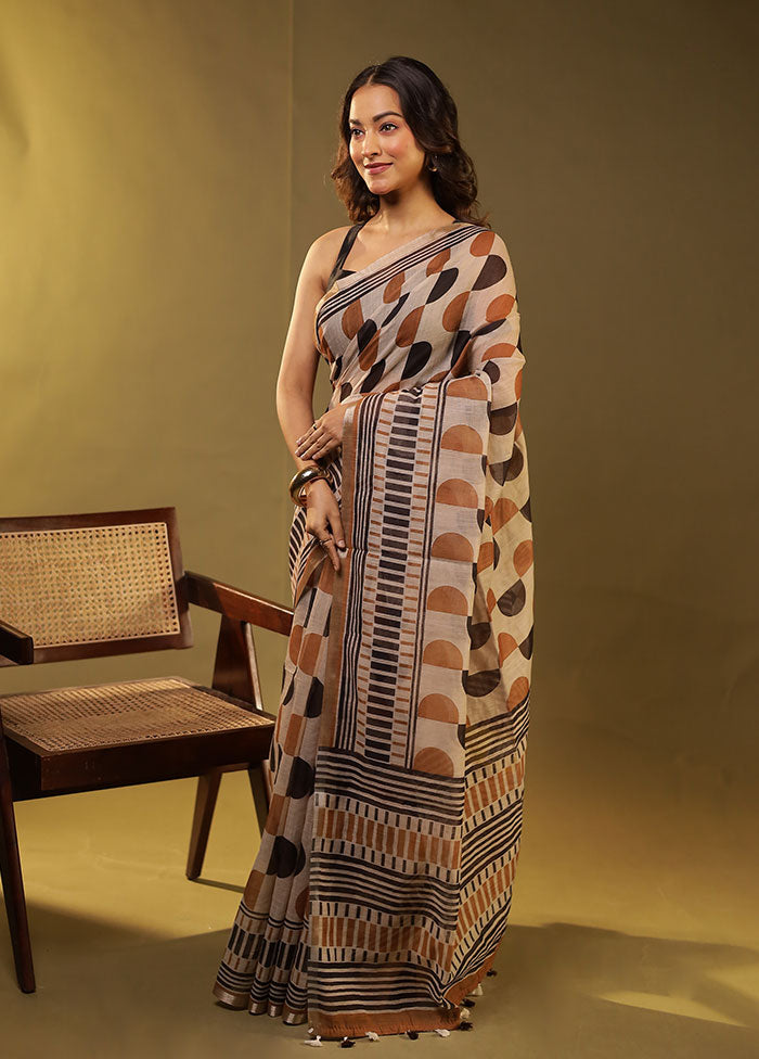 Cream Linen Silk Saree With Blouse Piece